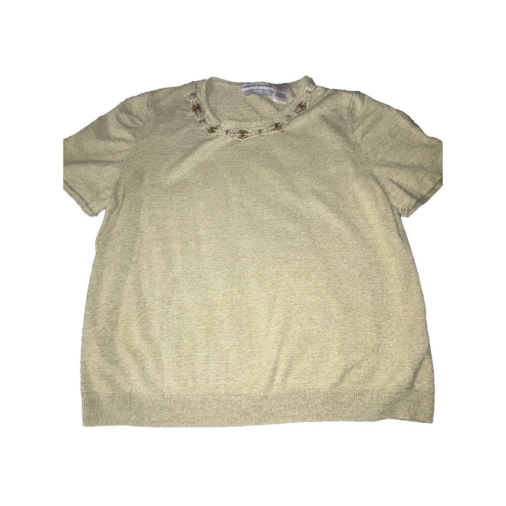 Women's Sweater Size PXL Olive Green Short Sleeve Bead Accent Alfred Dunner